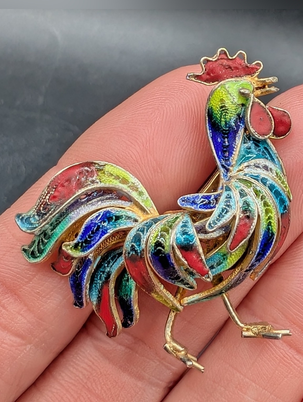 Vintage European .800 Silver, Gold Plated Filigree Enamel Rooster Pin Brooch